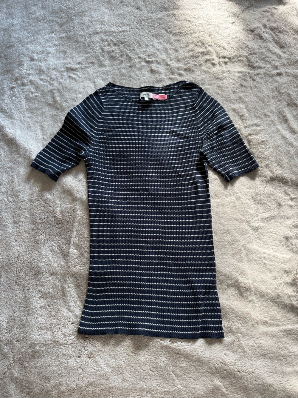 Vince Striped soft ribbed Knit Short Sleeve Top Navy & White S